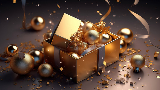 逼真的 3D 新年礼盒，配有丝带明亮的小玩意球和闪闪发光的金色五彩纸屑