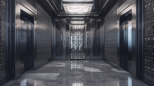 商务酒店 3D 渲染中现代钢制电梯电梯大堂的豪华设计