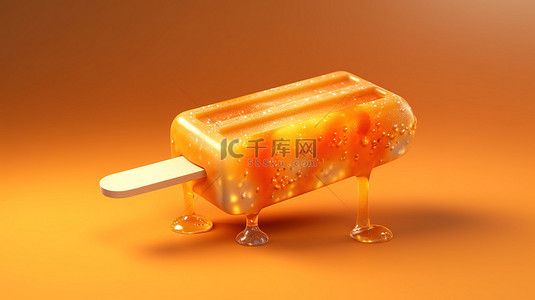 橙色冰棒在棍子上的 3D 插图，甜美清爽