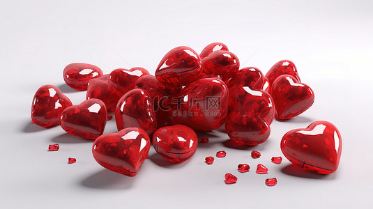 3d 中的情人节心在白色背景上呈现红色和浪漫