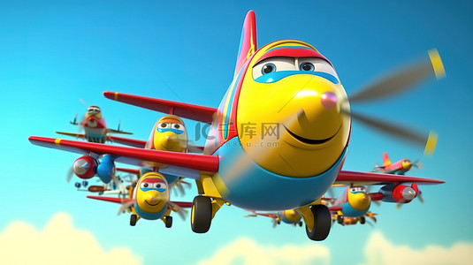 卡通飞机玩具背景图片_与 3D 渲染的卡通飞机一起享受乐趣