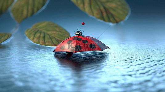 孤独的瓢虫躲在叶子上的雨伞下，漂浮在水中 3D 渲染
