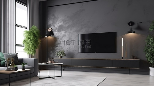 现代客厅配有沙发和悬挂在抛光灰色墙壁上的电视屏幕 3d 渲染