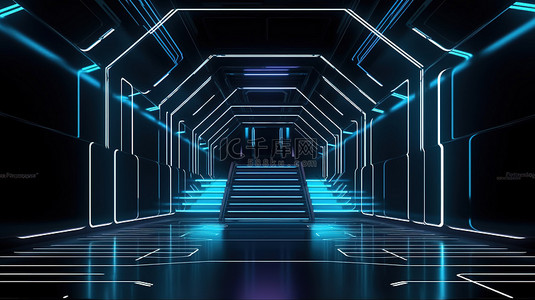 虚拟现实平台背景图片_发光的霓虹灯和几何线条将您带入虚拟现实隧道