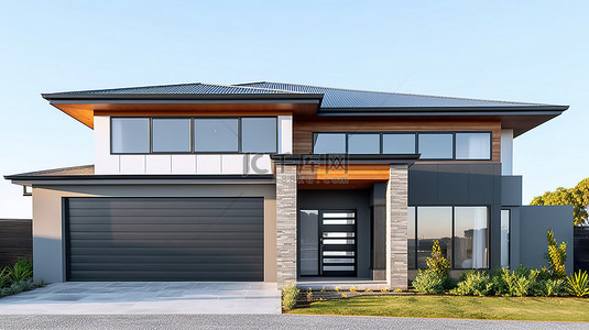 车库出售背景图片_当代澳大利亚住宅设有车库，非常适合房地产或房地产投资 3D 渲染灰色背景