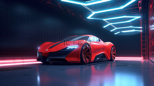 未来科幻城背景图片_具有通用概念的无品牌红色跑车的未来车库的 3D 渲染