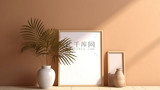 海报豪宅背景图片_棕榈叶阴影投射在浅棕色墙壁上的空白海报框架模型上，带有装饰架 3D 渲染