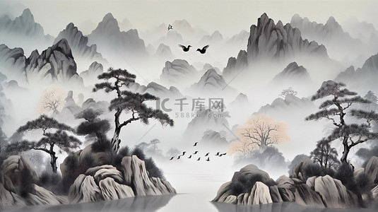 灰色画布上风景秀丽的 3D 中国风景，配有圣诞树鸟山和白云
