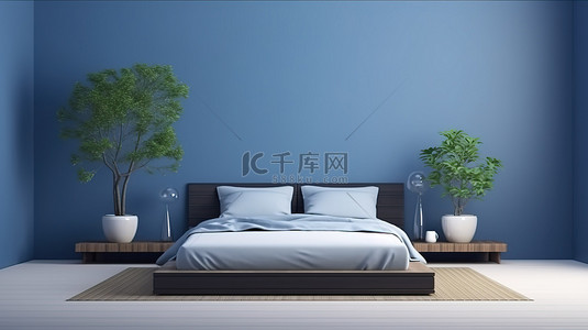 日式卧室 3D 渲染，以禅宗床蓝色房间内部和装饰植物为特色