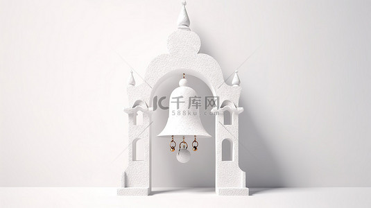 粘土风格的白色钟楼，在白色背景上设有拱门和吊钟，采用 3D 渲染创建