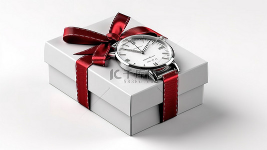 男士生日背景背景图片_优雅的经典男士模拟手表从礼盒中出现，白色背景 3D 渲染上带有红丝带