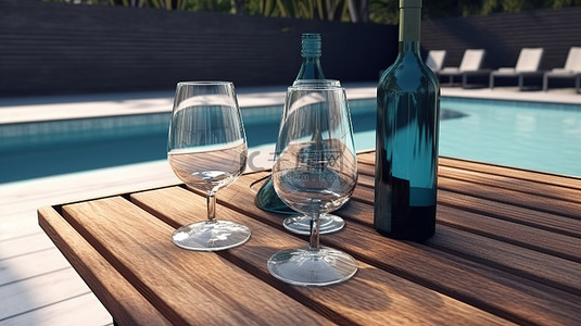 香槟酒背景图片_泳池边的酒杯和瓶子放在桌子上，座位在 3D 渲染中