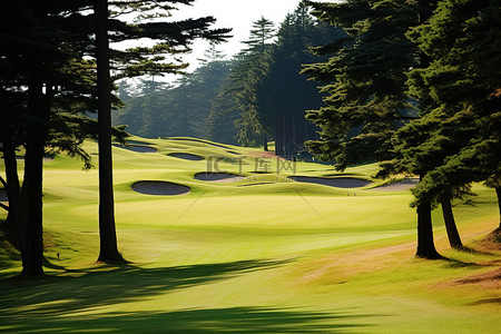 打高尔夫球模特背景图片_松树林高尔夫俱乐部高尔夫球场的果岭