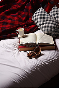 温暖治愈爱心背景图片_床上有一本打开的书和拖鞋