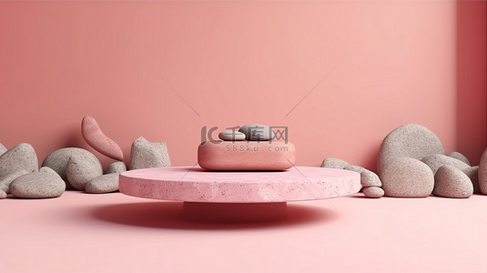场景展台背景图片_带阴影和石头的粉红色房间讲台 3D 渲染舞台用于演示