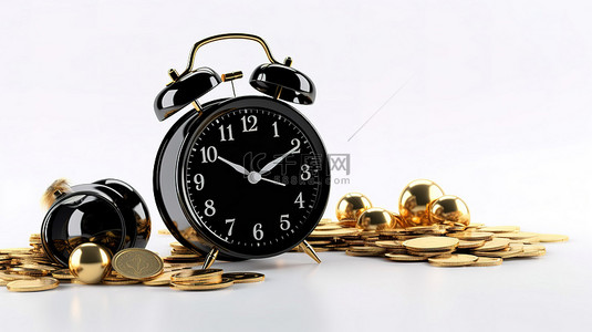 收藏价值背景图片_古董黑色闹钟和成堆的美元硬币 3D 渲染说明时间的价值