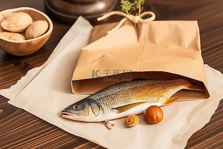 木盘旁边有一个纸袋，里面有一条鱼和一些坚果