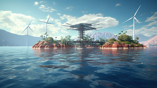 雄伟山背景下漂浮在水面上的太阳能发电厂的 3D 渲染