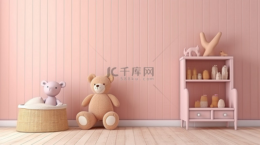 室内粉色背景图片_儿童房间粉色模拟墙的 3D 渲染