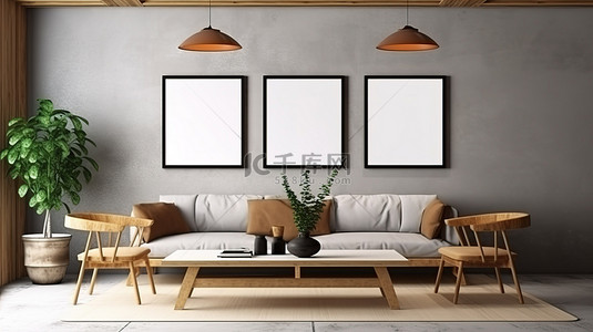 家里墙壁背景图片_舒适的休息室空间的 3D 渲染，在咖啡店或家里展示艺术品