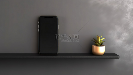 智能科技背景图片_带有手机横幅的水平黑色墙架的 3D 插图