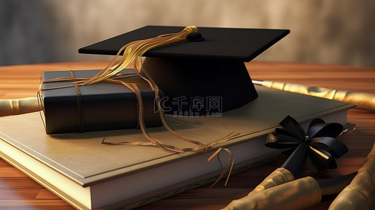 毕业帽文凭和书籍的插图 3D 图像