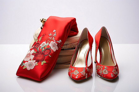 绣花鞋背景图片_红色连衣裙搭配绣花鞋和钱包