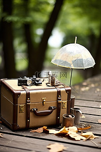 木桌上摆着一个旧手提箱沙漏双筒望远镜和一把雨伞
