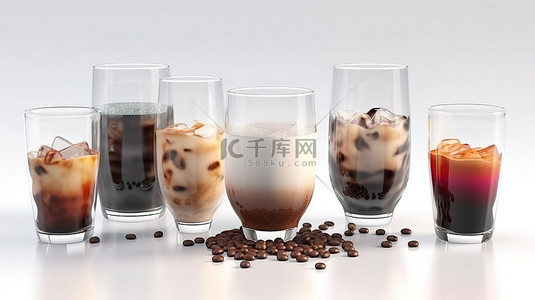 透明玻璃杯中的各种咖啡饮料和咖啡豆，以白色背景隔离的卡通风格进行 3D 渲染
