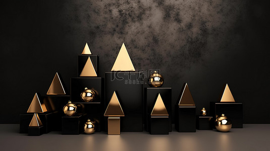 黑金圣诞节背景图片_光滑的黑色和金色圣诞树，3D 插图中带有空白空间背景
