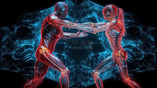 健身夫妇的骨骼和肌肉系统的 3D 插图