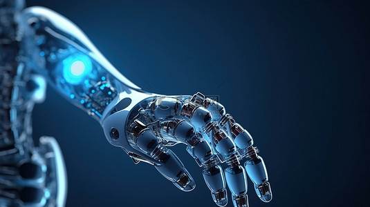 电子互联网背景图片_机器人手臂的 3D 渲染与电路大脑描绘人工智能技术概念