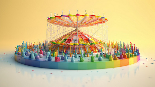 七彩彩虹世界的壮观 3D 旋转木马