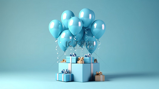 在柔和的背景下携带蓝色礼品盒的气球的 3D 渲染