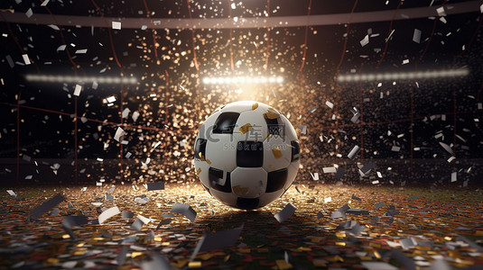 体育场比赛背景图片_3d 渲染的足球在体育场和五彩纸屑的氛围中