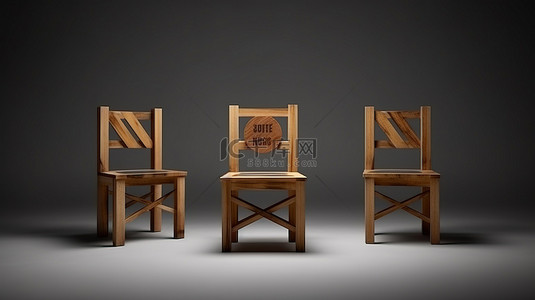三把木椅，禁止社交距离和孤立的标志 3D 渲染