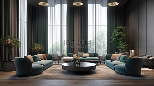 酒店现代休息区的 3D 渲染，配有时尚设计师家具时尚的桌子和舒适的扶手椅