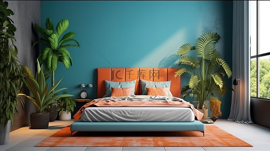 现代风格的客房配有充满活力的双人床蓝色墙框艺术品和郁郁葱葱的绿色植物 3D 可视化