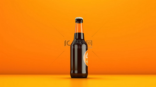 3D 渲染的单色啤酒瓶在充满活力的橙色背景下