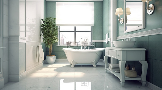 酒店浴缸背景图片_现代管道和家具在带有花卉装饰的浴室中与经典风格相结合 3D 渲染