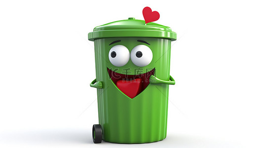 白色背景的 3D 渲染，带有绿色垃圾箱吉祥物，上面有回收标志和红心