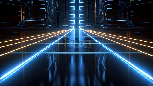 蓝黑科技背景图片_未来网格线时装秀跑道舞台，具有优雅的灯光和反射 3D 渲染