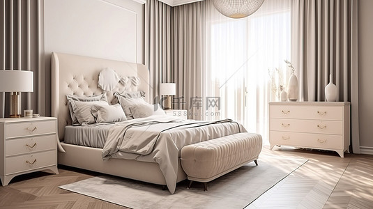 柔色背景图片_豪华的英式卧室配有舒适的布艺床带灯的别致床头柜宽敞的衣柜和带镜子的梳妆台 3D 可视化