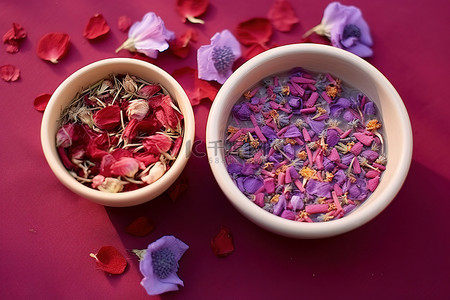 盛满玫瑰花瓣和紫色洋甘菊混合物的碗
