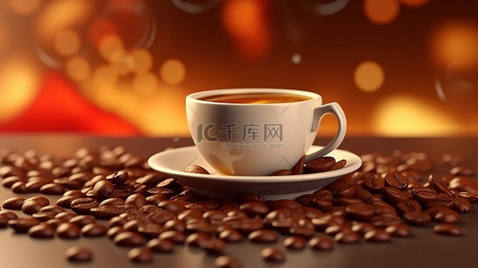 一杯热气腾腾的咖啡和 3D 背景中呈现的正宗咖啡豆