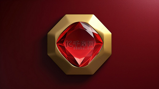 红色宝石徽章背景图片_闪亮的宝石徽章 3D 渲染社交媒体图标，哑光红色背景上带有金色宝石符号