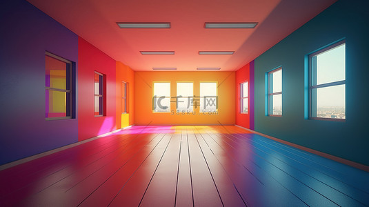 色彩缤纷的空房间的简约 3D 渲染