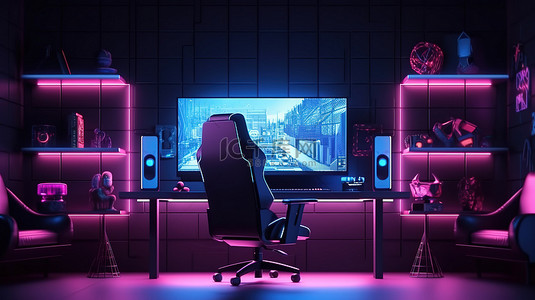 游戏天堂霓虹灯照明工作区的未来派 3D 插图，配有高科技计算机设置和游戏椅