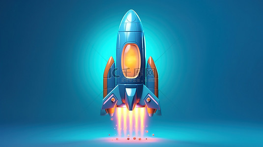 火箭图形背景图片_在蓝色背景上发射的火箭形启动图标的 3D 渲染