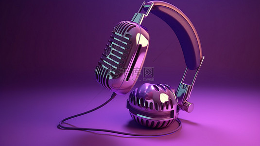 3d 紫色世界中的老式麦克风和耳机